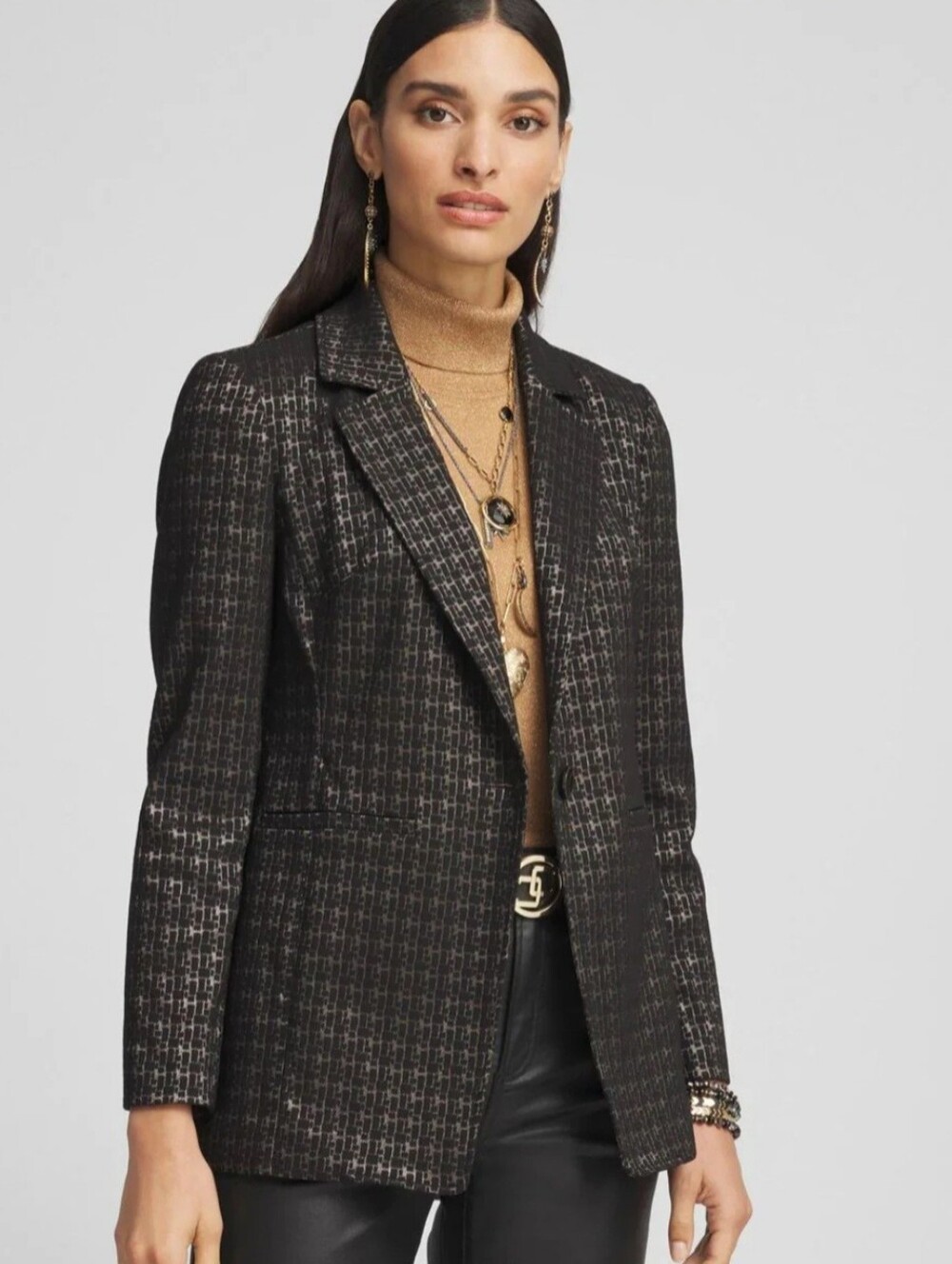 Chico's Brigitte Metallic Tiles Blazer/Jacket Black Gold Shimmer Size 0/US 4 EUC